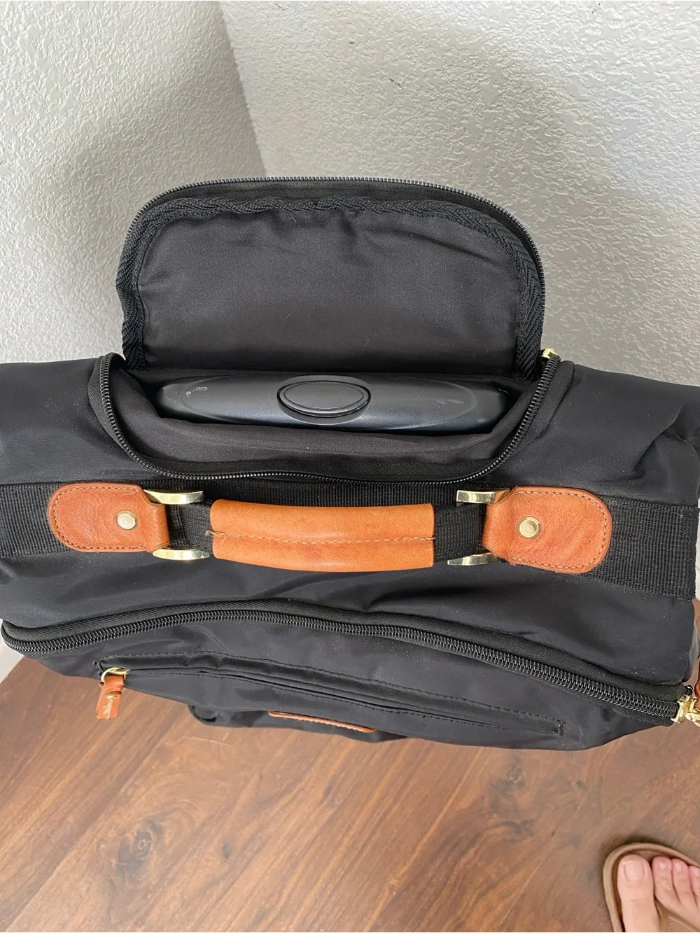 Bric's Milano X-Travel 21” Black Carry-On Spinner Luggage w/ Tan Leather Accents